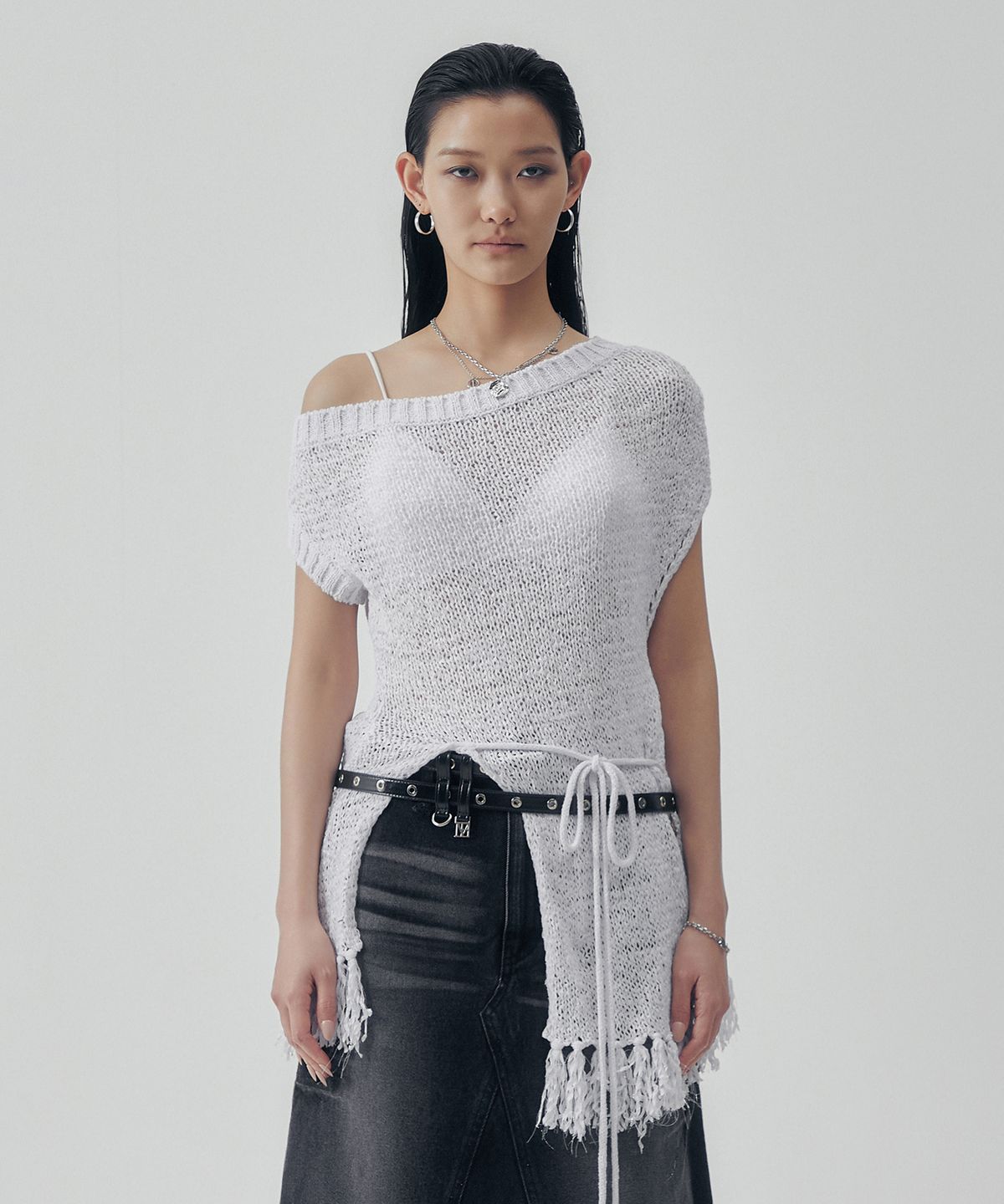 트리밍버드(TREEMINGBIRD) Slit Tassel Knit [ White ]