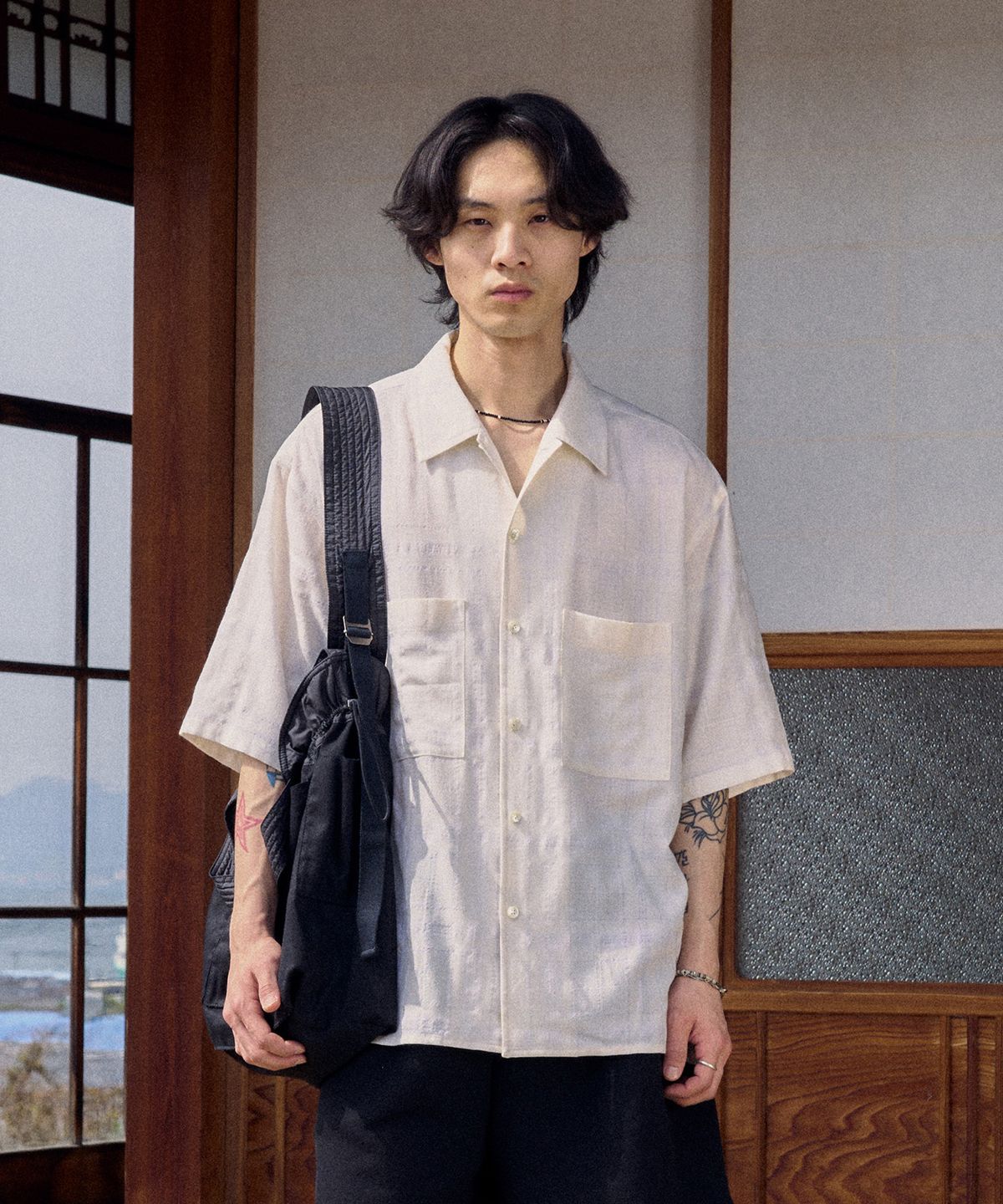 유스(YOUTH) Convertible Collar Half Shirt - Ivory Check