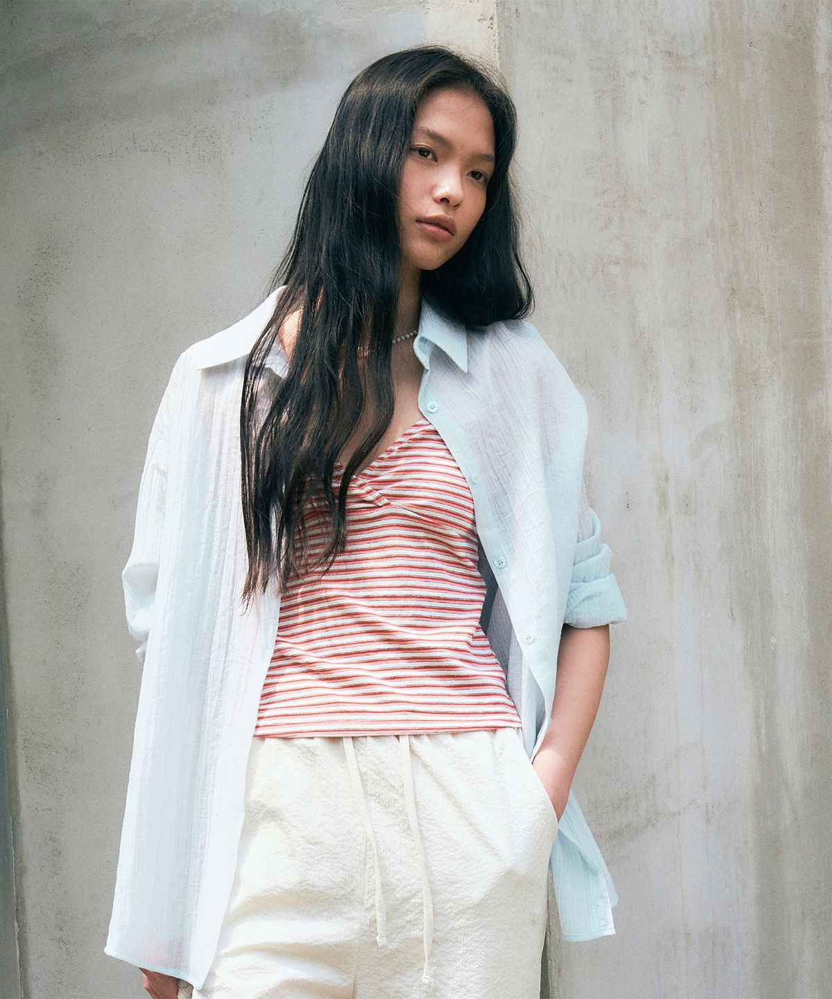 니브(NEEV) Linkle Pin See Through Stripe Shirt (Sky Blue)