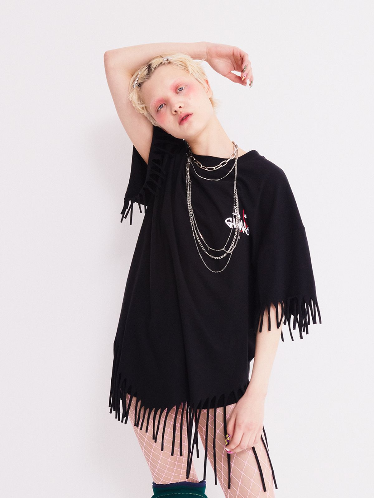 에즈이프 캘리(ASIF CALIE) GURLS OVERSIZED-FIT FRINGE T-SHIRT BLACK