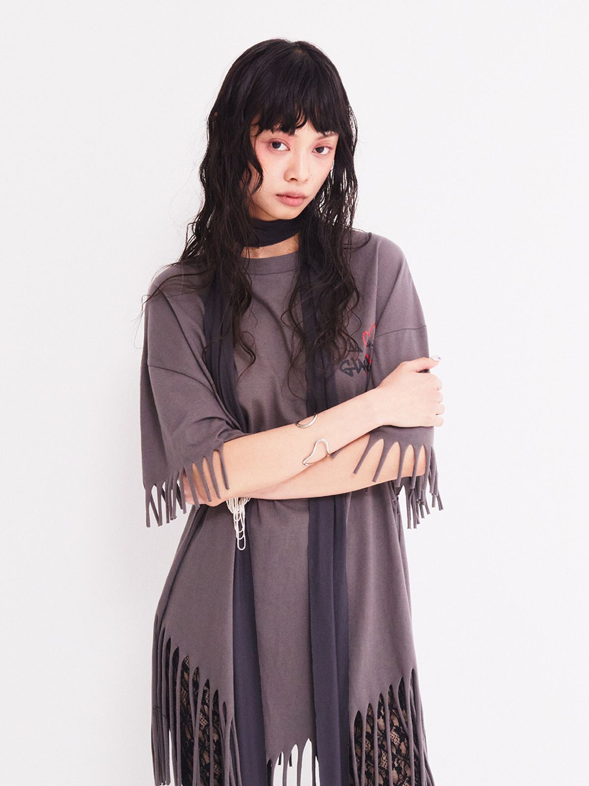 에즈이프 캘리(ASIF CALIE) GURLS OVERSIZED-FIT FRINGE T-SHIRT BROWN