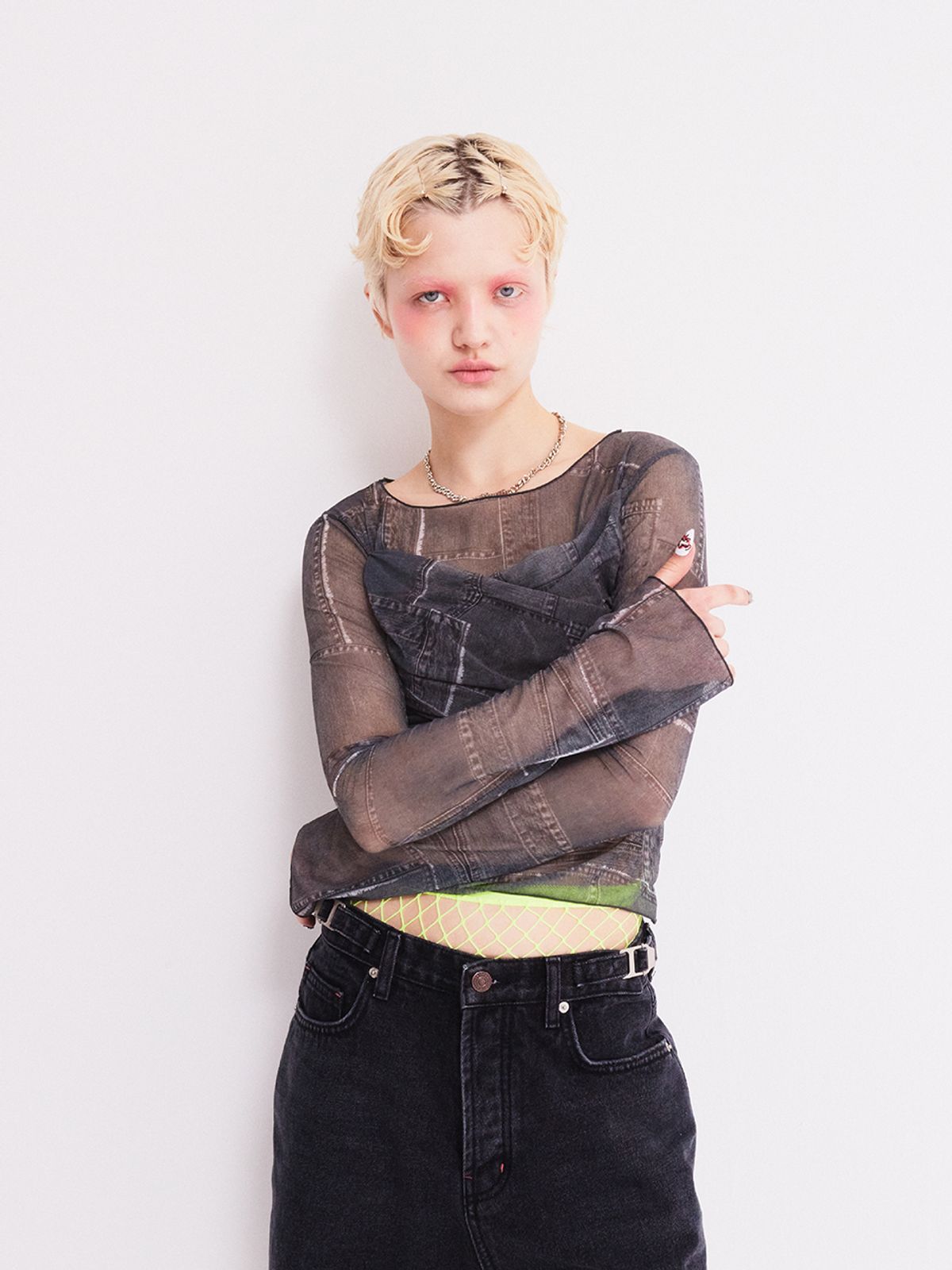 에즈이프 캘리(ASIF CALIE) CROSS WRAP PRINT LONG SLEEVE T-SHIRT DENIM BLACK