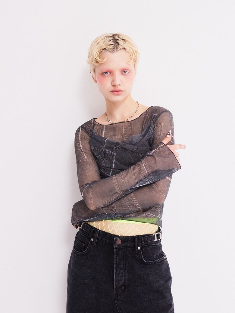 CROSS WRAP PRINT LONG SLEEVE T-SHIRT DENIM BLACK