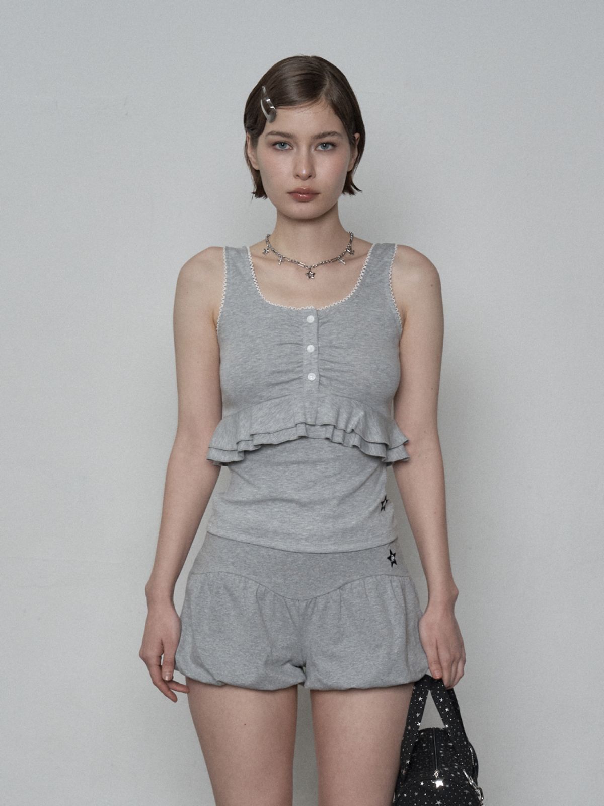 셋업이엑스이(SETUP-EXE) LACE FRILL SLEEVELESS / MELANGE GRAY