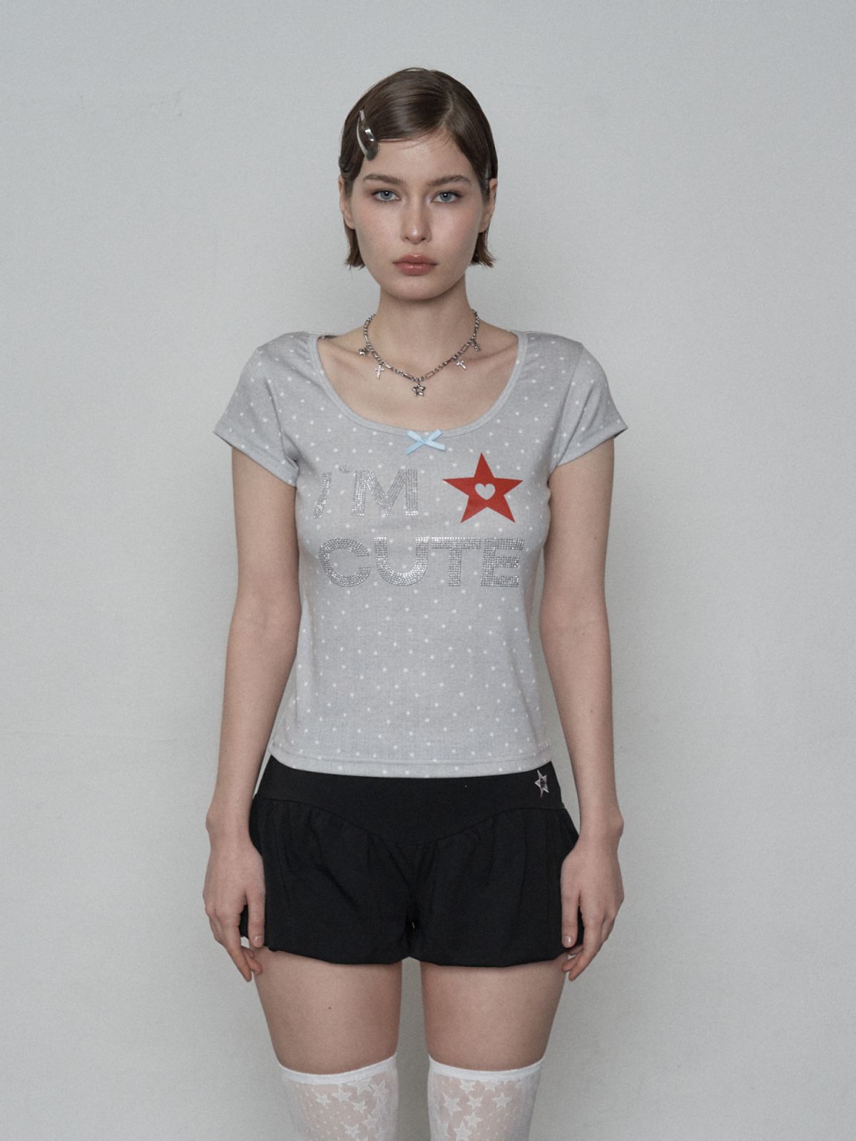 셋업이엑스이(SETUP-EXE) HOTFIX RIBBON DOT TOP / LIGHT GRAY