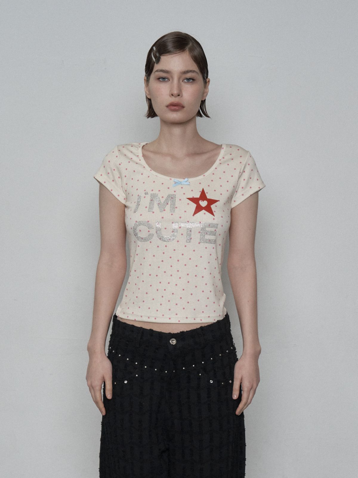 셋업이엑스이(SETUP-EXE) HOTFIX RIBBON DOT TOP / BABY YELLOW