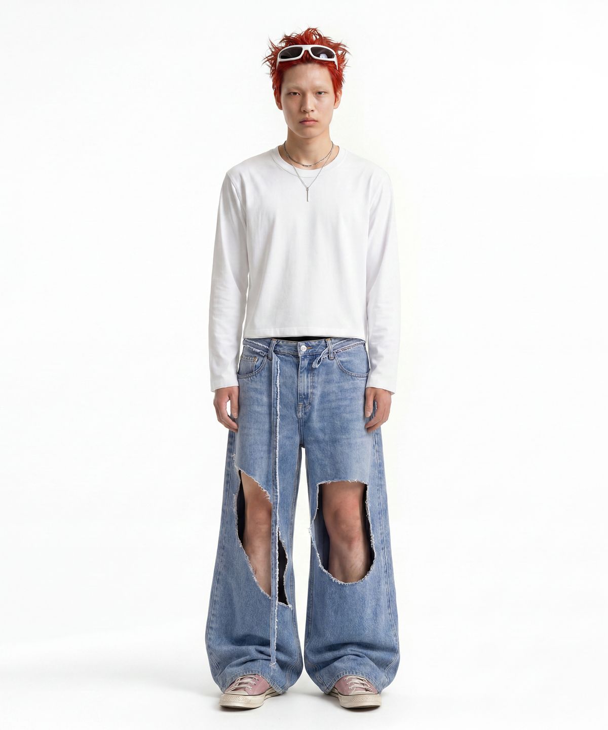 씨웨어 바이 더 지니어스(C WEAR BY THE GENIUS) 맨즈 크롭 롱 슬리브 티셔츠 화이트