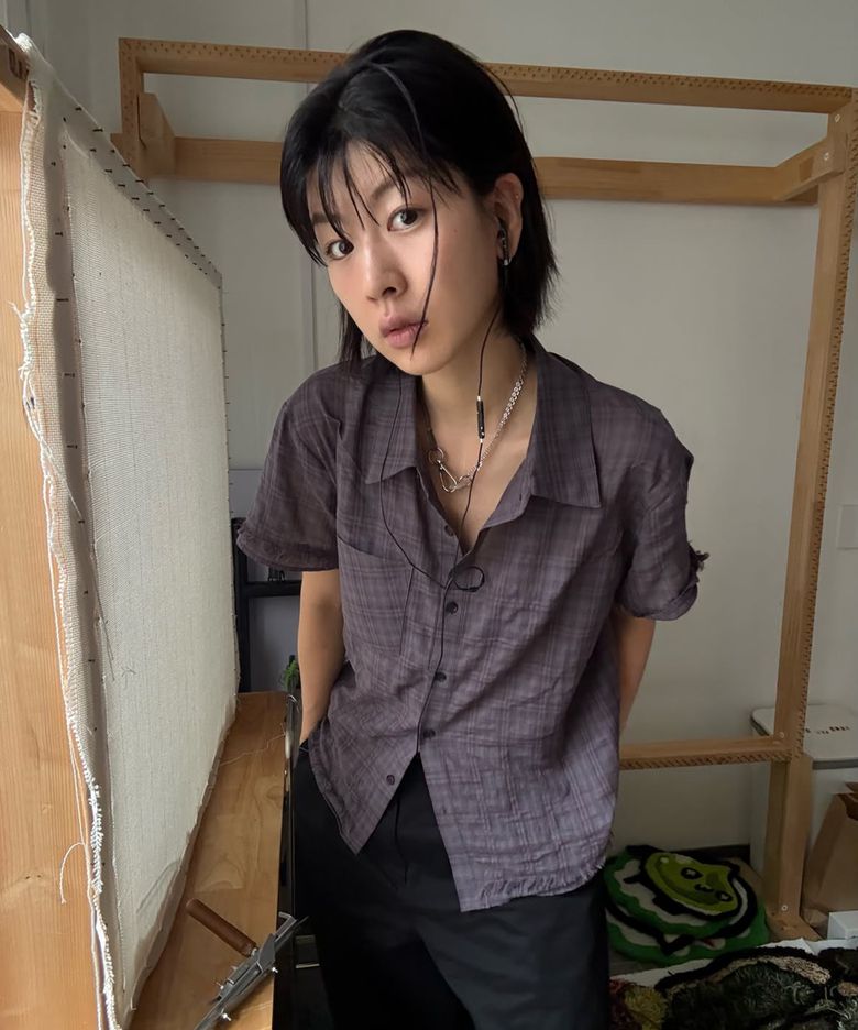 레이어드 컷아웃 체크 하프 셔츠 [purple]