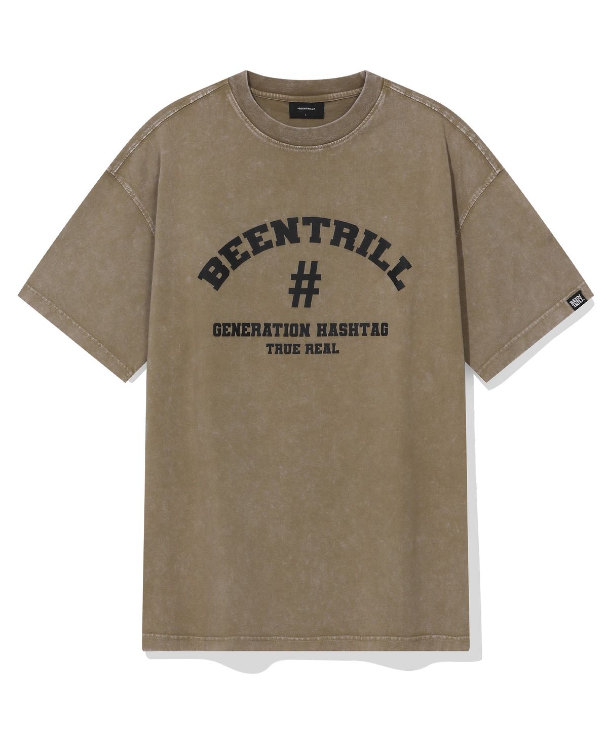 빈트릴(BEENTRILL) 아치로고 해시태그 피그먼트 티셔츠(카키)
