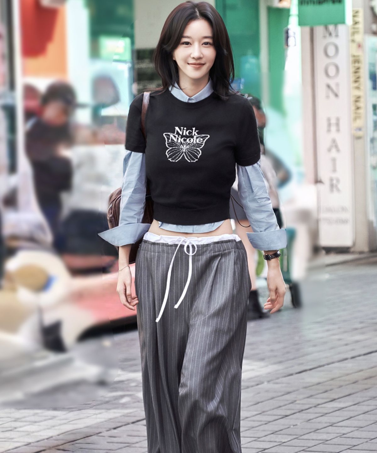 닉앤니콜(NICK&NICOLE) STRIPE LAYERED PINTUCK SLACKS_CHARCOAL