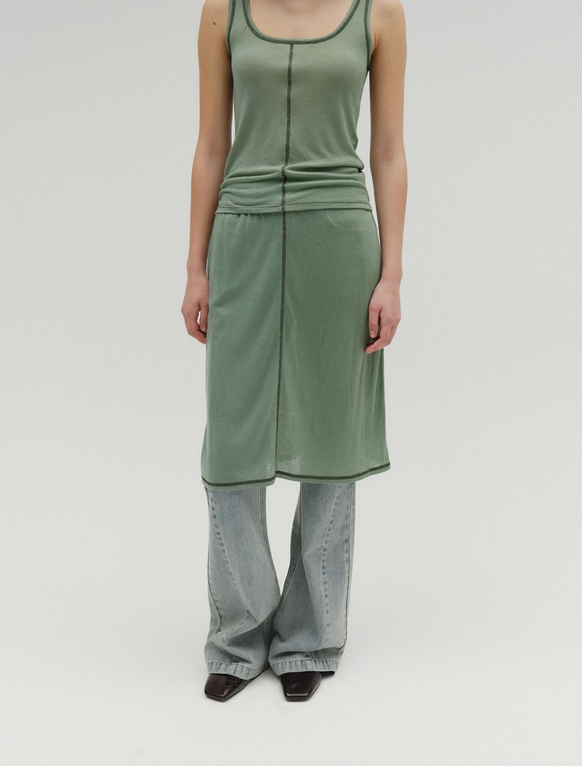 솔티페블(SALTY PEBBLE) HALF & HALF SKIRT [ASH GREEN]