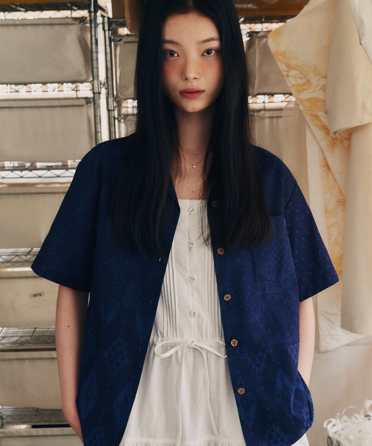 프리터(FRITUR) Pattern Patchwork Shirt Navy_F252ST06