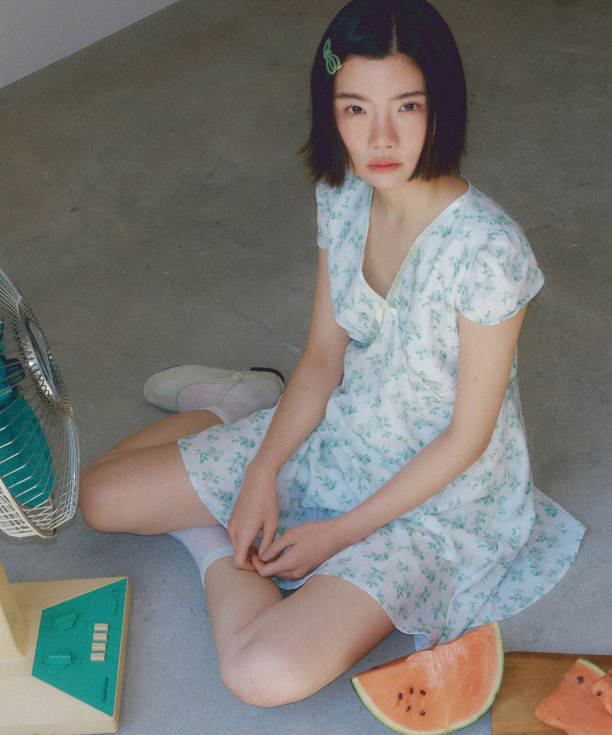 리올그(REORG) ASP RIBBON V-NECK MINI OPS LIGHT GREEN