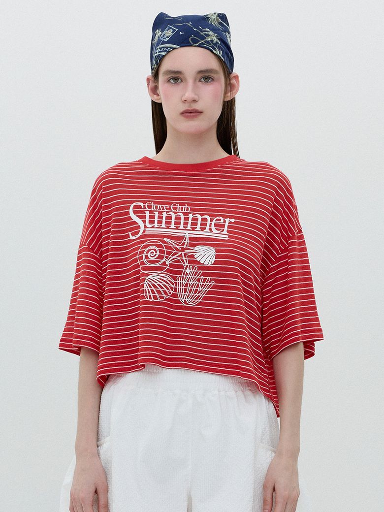 [25SS clove] Summer Stripe Short T-Shirt (Red)