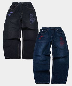 컬러 자수 스티치 포인트 벌룬 스트레이트핏 D링 데님 워싱 팬츠 _ 2COLOR