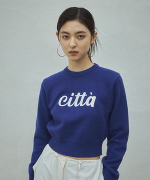 씨타 체인 스티치 로고 라운드 세미 크롭 니트_CTK202(블루)