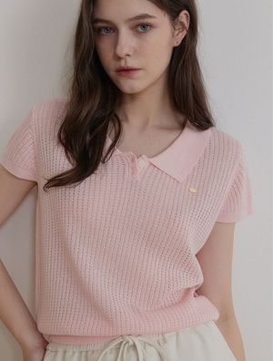 베럴 펀칭 카라 반팔 니트