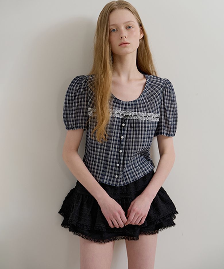 CHECK RIBBON LACE BLOUSE - NAVY