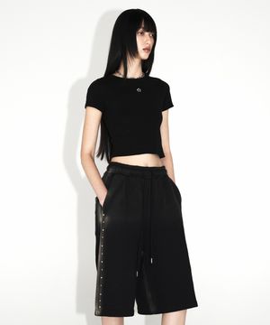 블리치 워싱 스터드 버뮤다 스웻 쇼츠_블랙