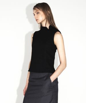 스탠드 카라 트위드 슬리브리스 탑_블랙