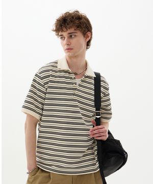 사콘 스트라이프 PK 하프 티셔츠 베이지