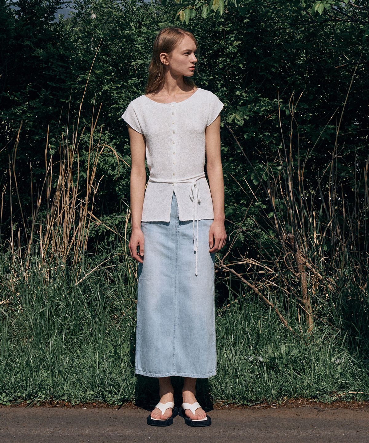라메레이(LAMEREI) H-line Denim Long Skirt[LMBESUDN5208]-Light Blue