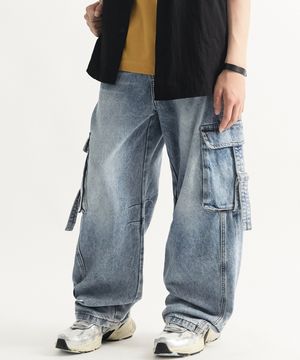 카고 스트랩 와이드 데님 팬츠