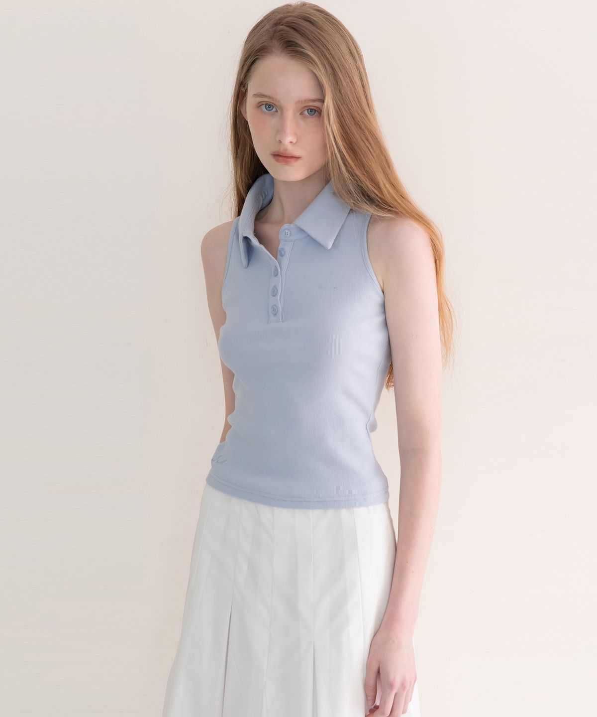 제이마크뉴욕(JMARKNEWYORK) Sleeveless collar crop t-shirt - Sky Blue