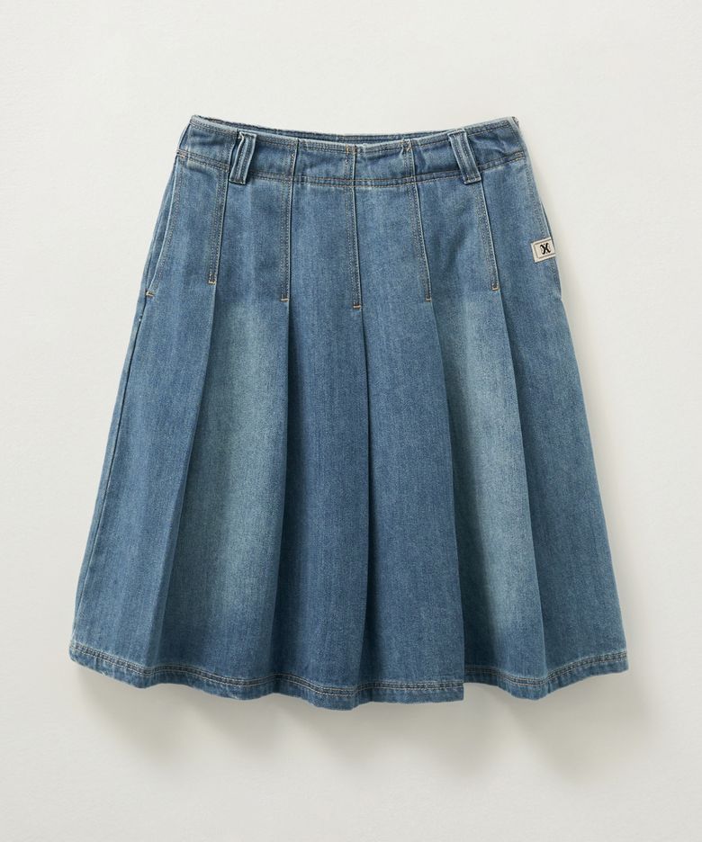 (W) 플리츠 데님 미디 스커트 블루