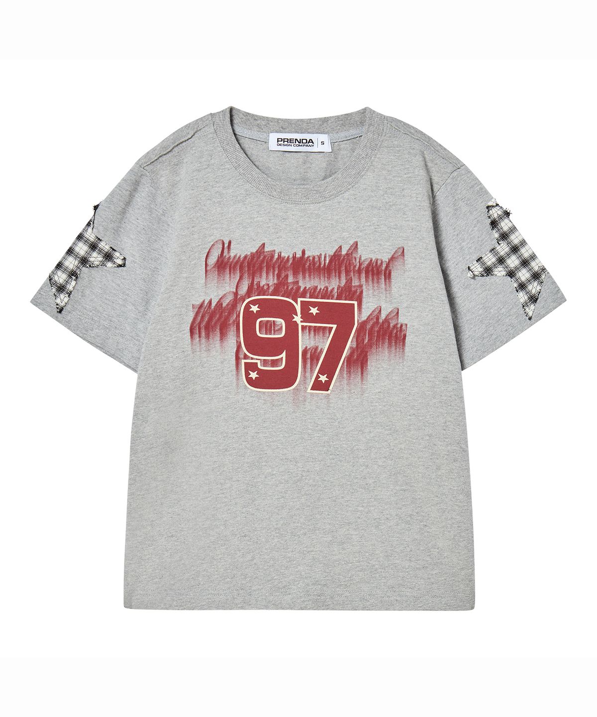 프렌다(PRENDA) LETTERING 97 CHECK STAR CREWNECK TEE MELANGE GRAY