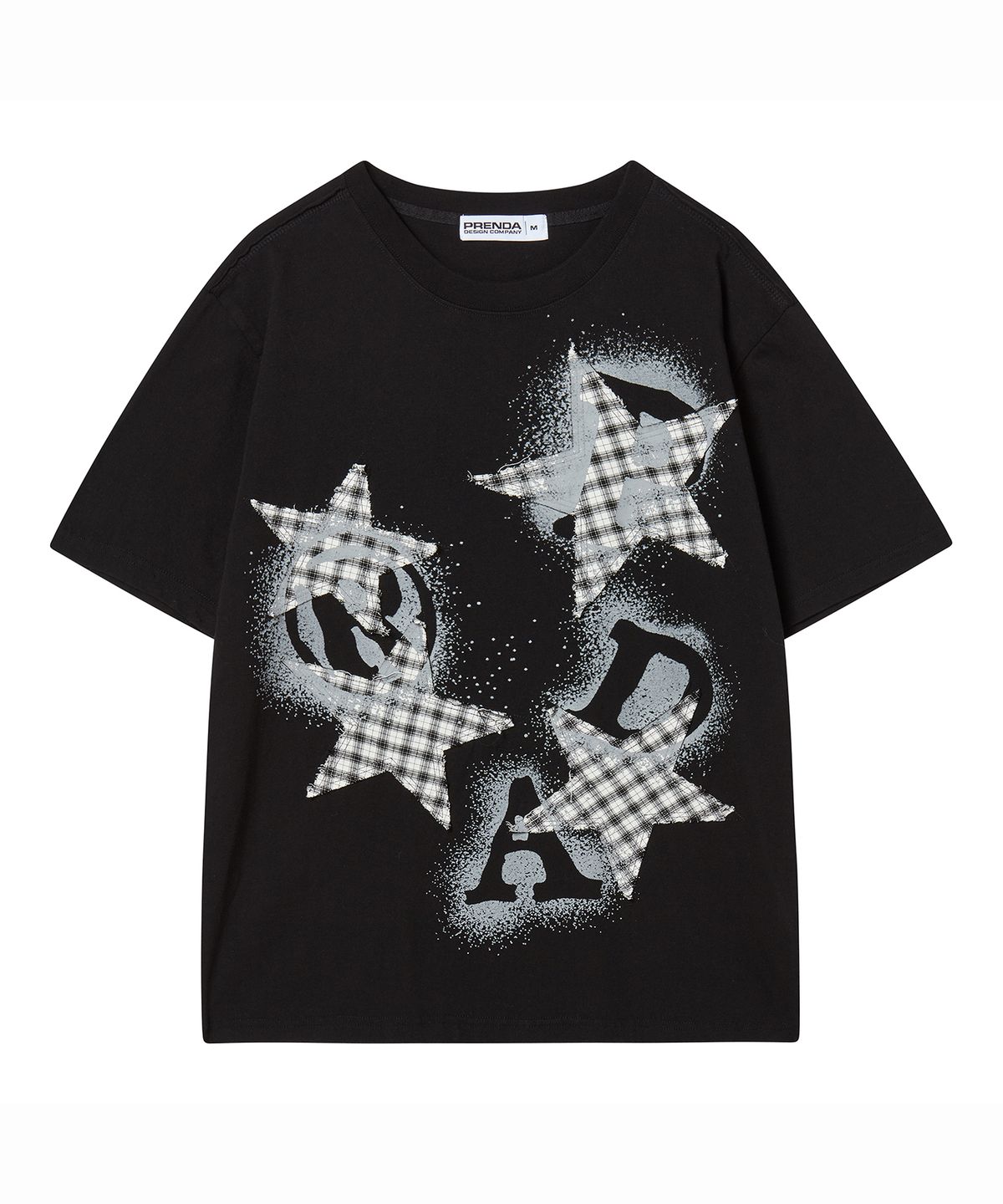 프렌다(PRENDA) PRDA SPRAY BIG PATCH CHECK STAR CREWNECK TEE BLACK