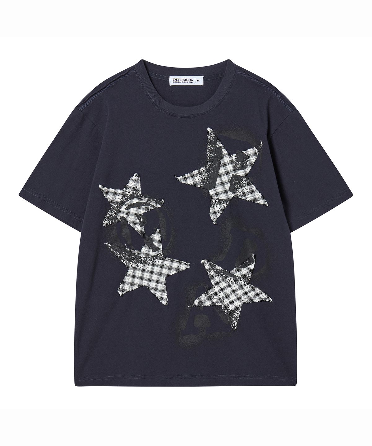 프렌다(PRENDA) PRDA SPRAY BIG PATCH CHECK STAR CREWNECK TEE NAVY