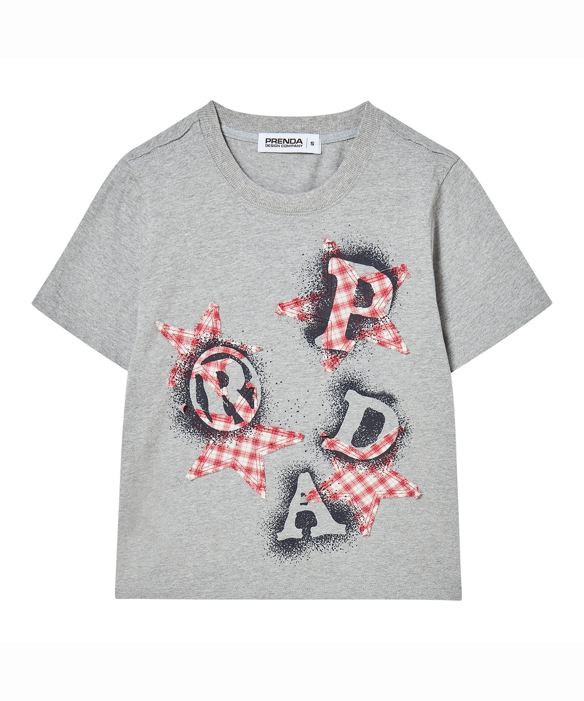 프렌다(PRENDA) PRDA SPRAY BIG PATCH CHECK STAR CREWNECK TEE MELANGE GRAY