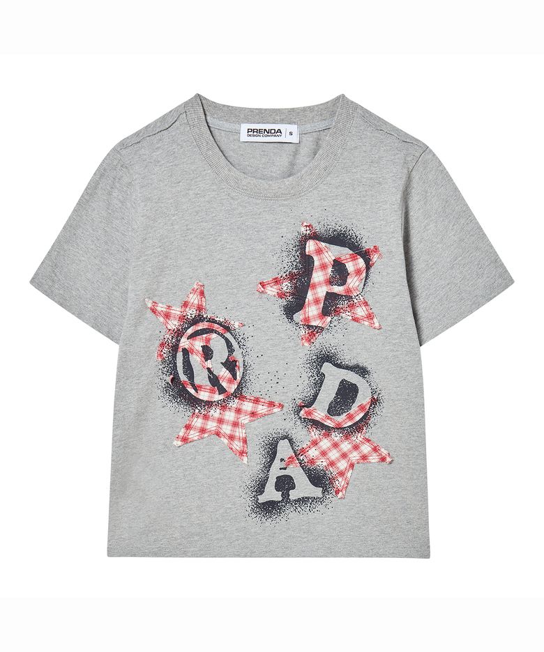 PRDA SPRAY BIG PATCH CHECK STAR CREWNECK TEE MELANGE GRAY