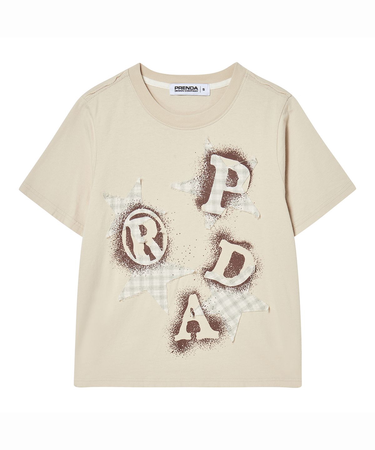 프렌다(PRENDA) PRDA SPRAY BIG PATCH CHECK STAR CREWNECK TEE BEIGE