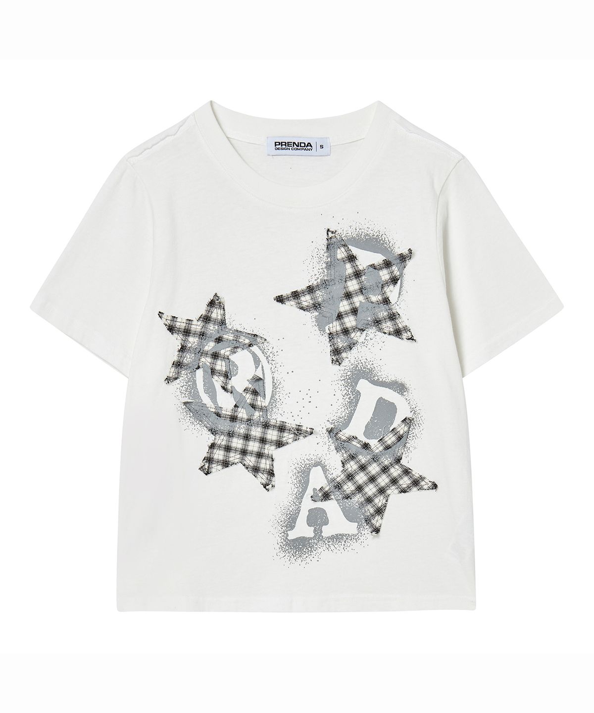 프렌다(PRENDA) PRDA SPRAY BIG PATCH CHECK STAR CREWNECK TEE WHITE