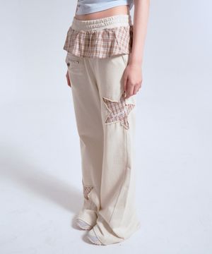 CHECKED FRILL SKIRT CUT-OFF BOOTS CUT PANTS OATMEAL