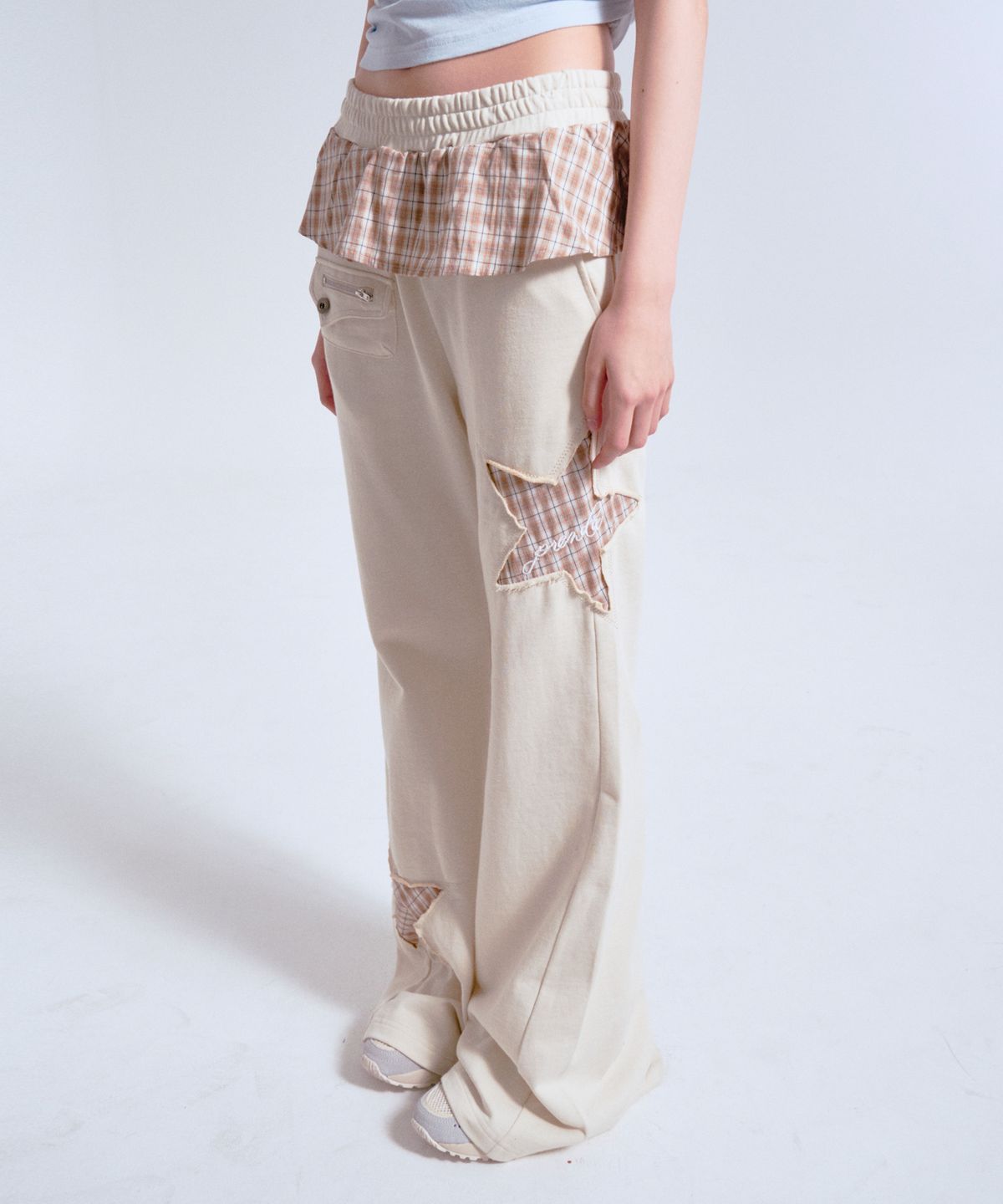 프렌다(PRENDA) CHECKED FRILL SKIRT CUT-OFF BOOTS CUT PANTS OATMEAL