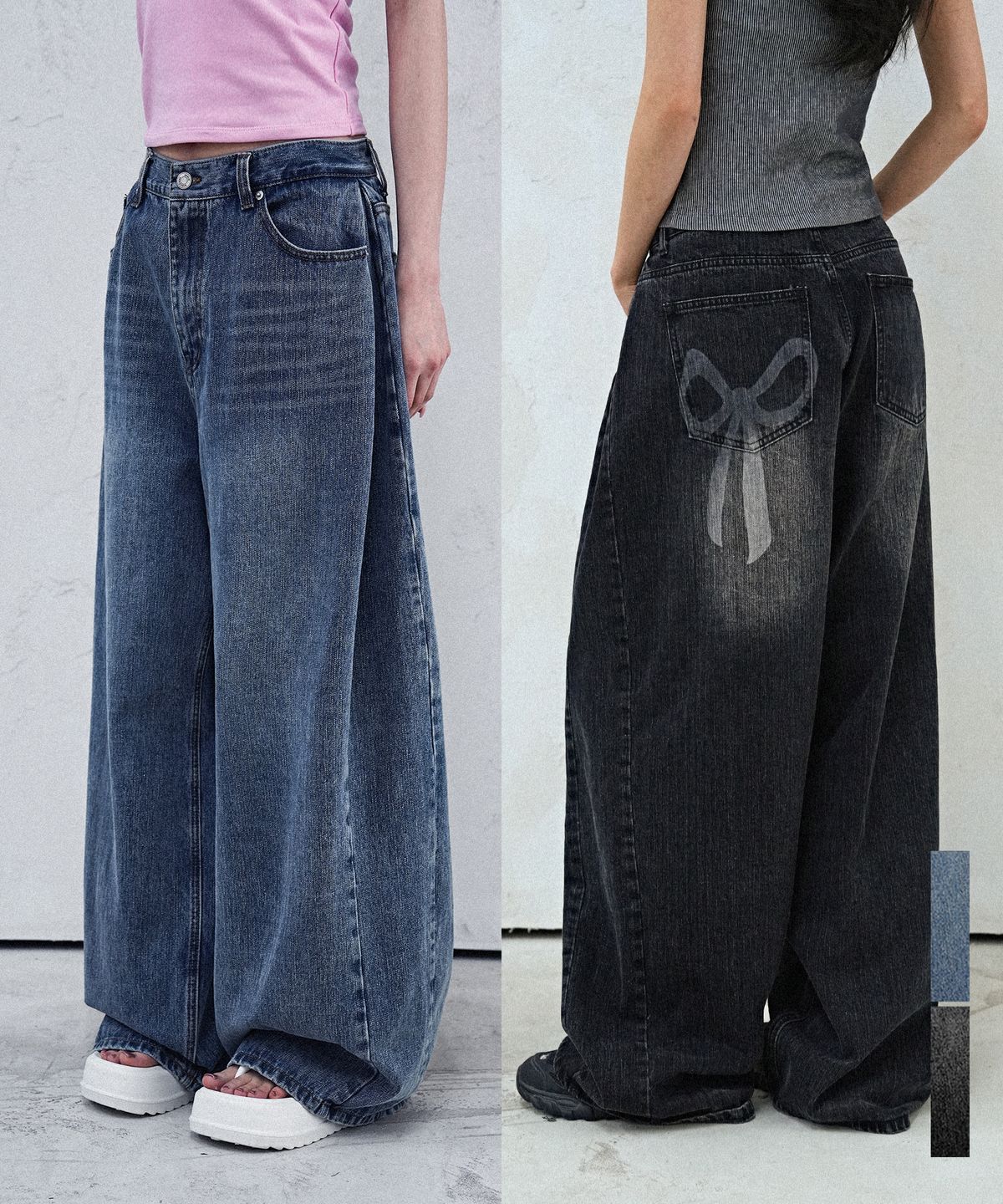어반드레스(AVANDRESS) Ribbon Incision Wide Denim Pants - 2COL