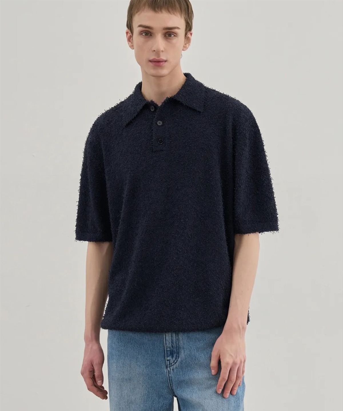 드로우핏(DRAW FIT) 프린지 카라 반팔 니트 [NAVY]