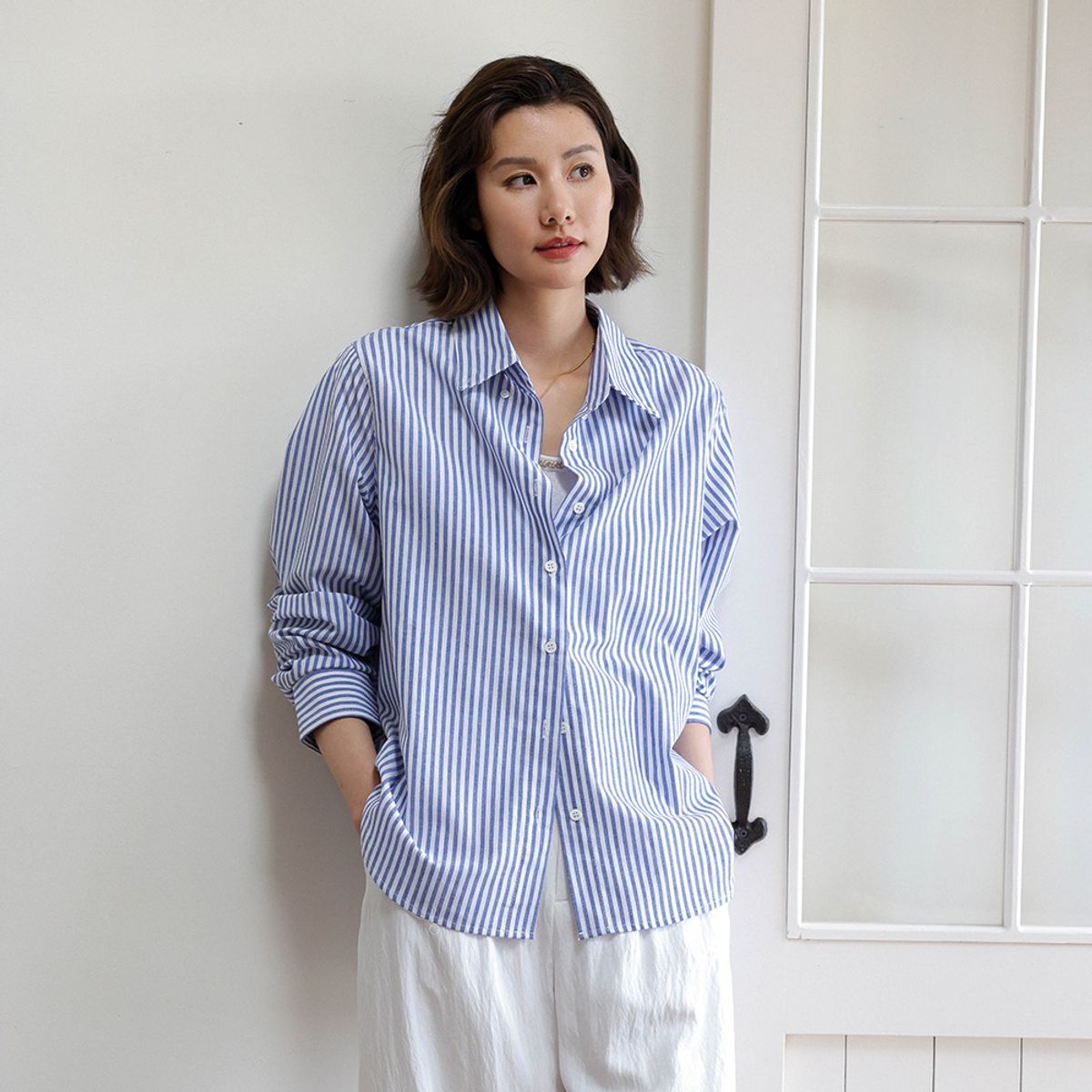 랭썬(LANGSON) LS_Blue striped sunscreen french shirt