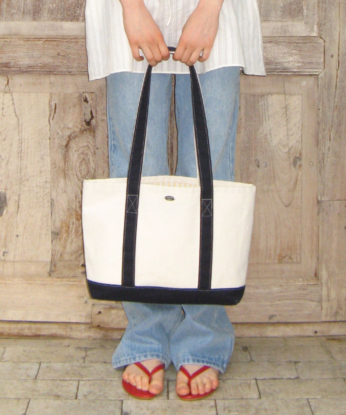 론론(RONRON) DAILY CONTRAST CANVAS TOTE BAG CREAM NAVY