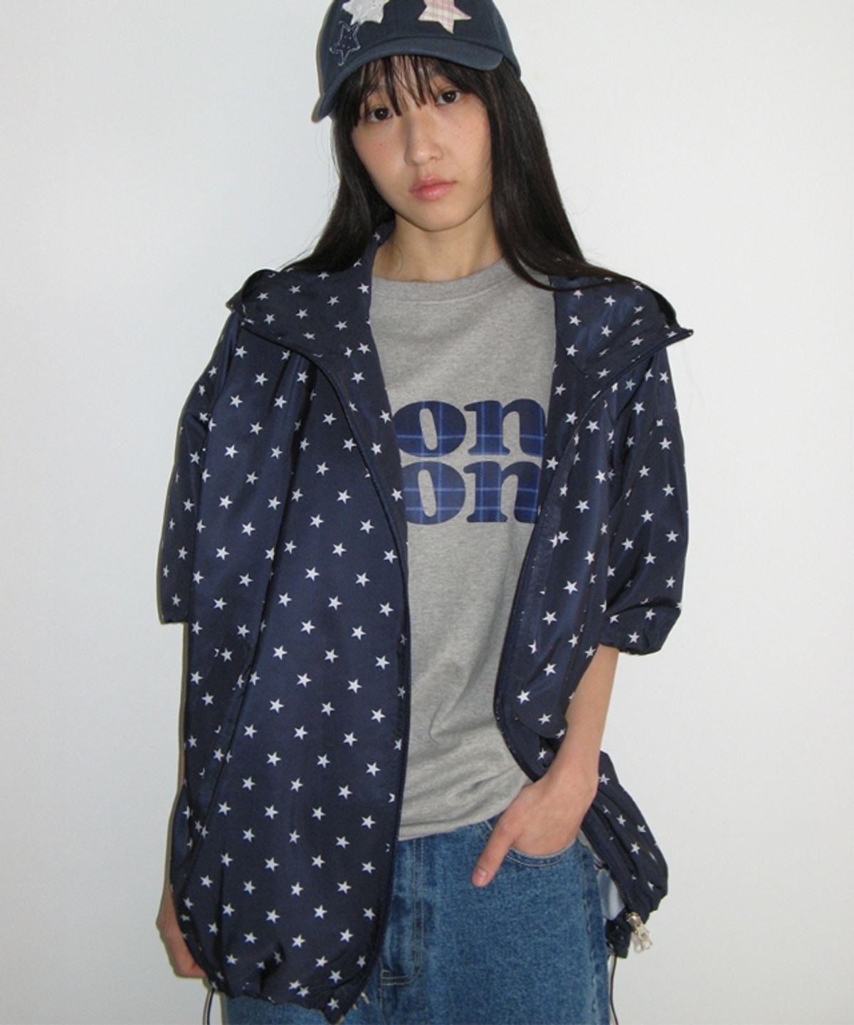 론론(RONRON) HOODED HALF SLEEVE WINDBREAKER NAVY STAR