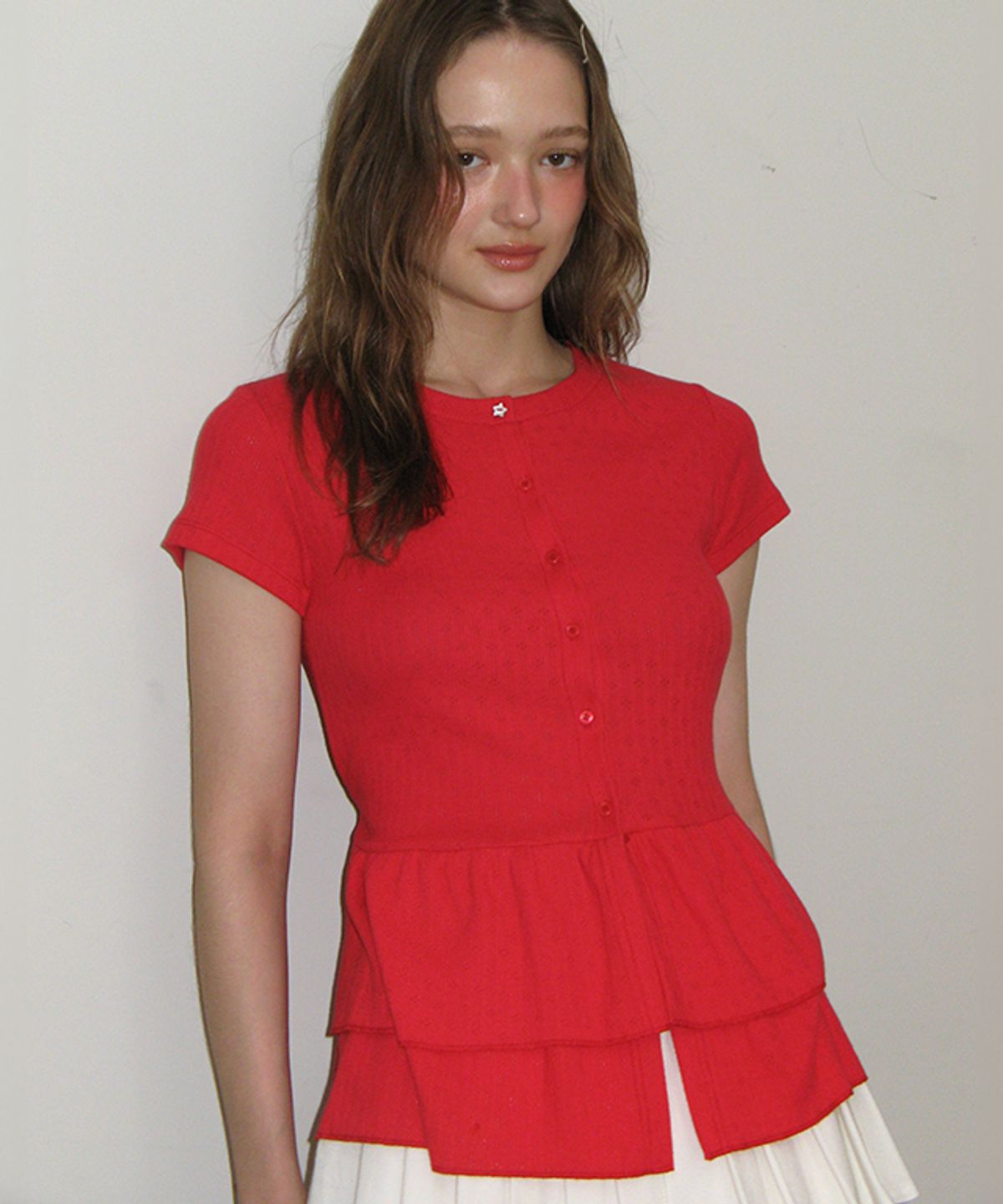 론론(RONRON) SOFT FRILL BUTTON COTTON CARDIGAN RED