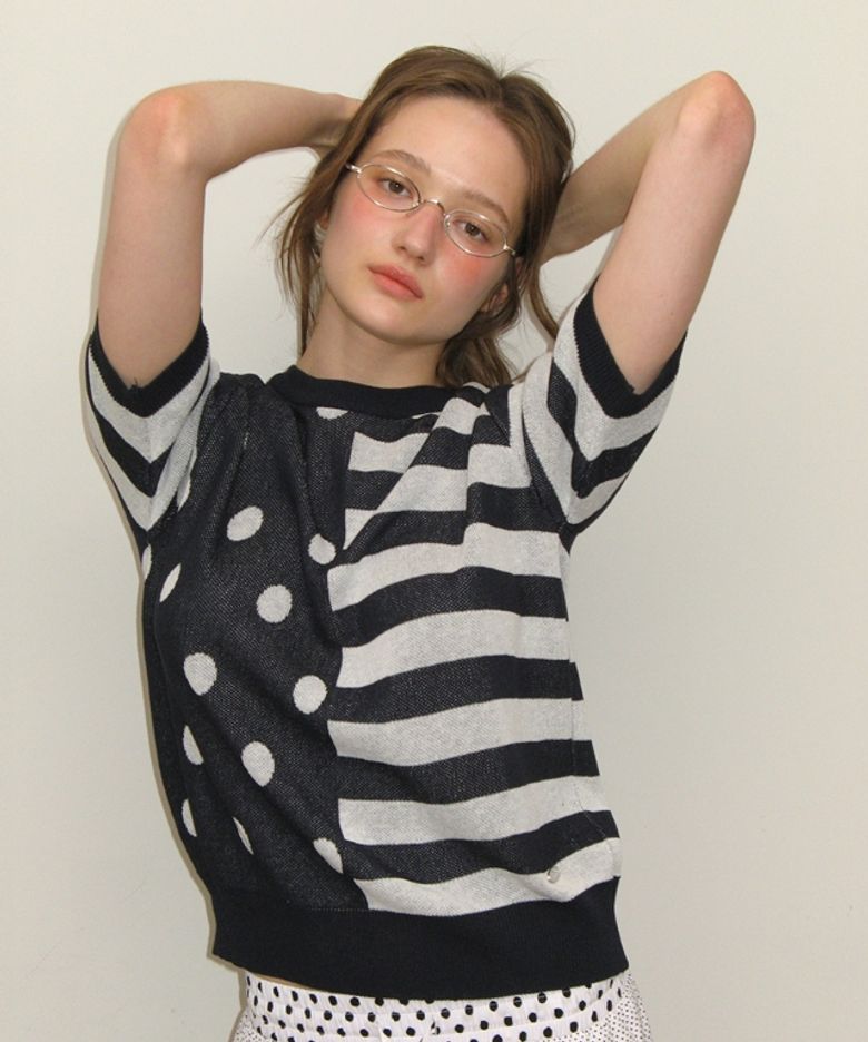 DOT STRIPE MIX HALF KNIT NAVY