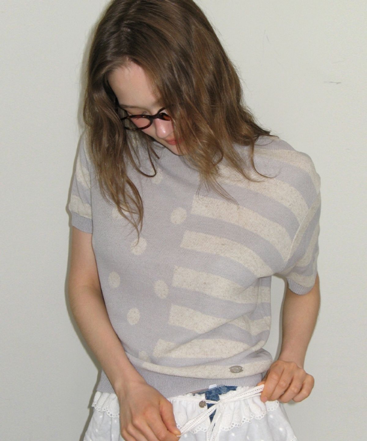 론론(RONRON) DOT STRIPE MIX HALF KNIT LIGHT GREY