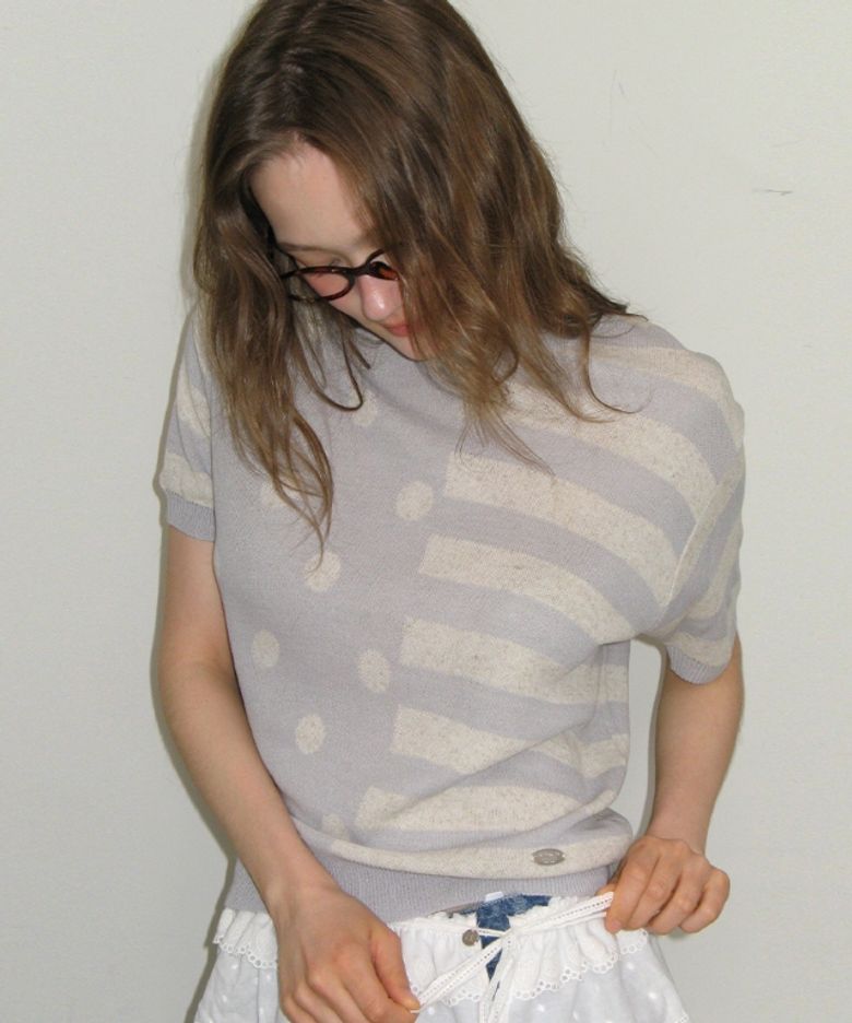 DOT STRIPE MIX HALF KNIT LIGHT GREY