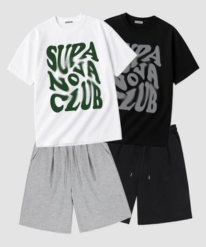 [SET] 슈퍼노바클럽 로고 오버핏 원턱 버뮤다 팬츠 셋업