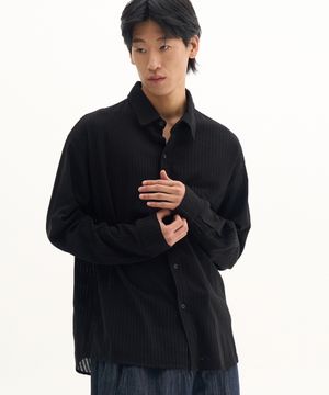 코튼 린넨 포켓 자수 스트라이프 오버핏 긴팔 셔츠 [블랙]