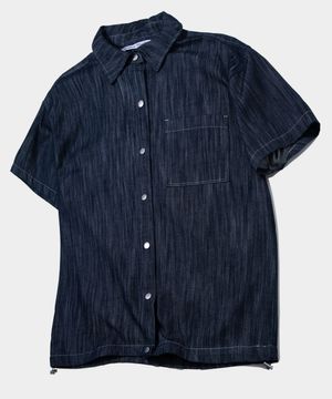 언더 스트링 원포켓 버튼 워싱 생지 데님 워크 오버핏 반팔 셔츠 [진청]
